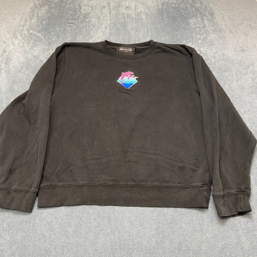 Pink Dolphin Sweatshirt Men XL Black Waves Ocean Pullover Skate Travel Crew Neck